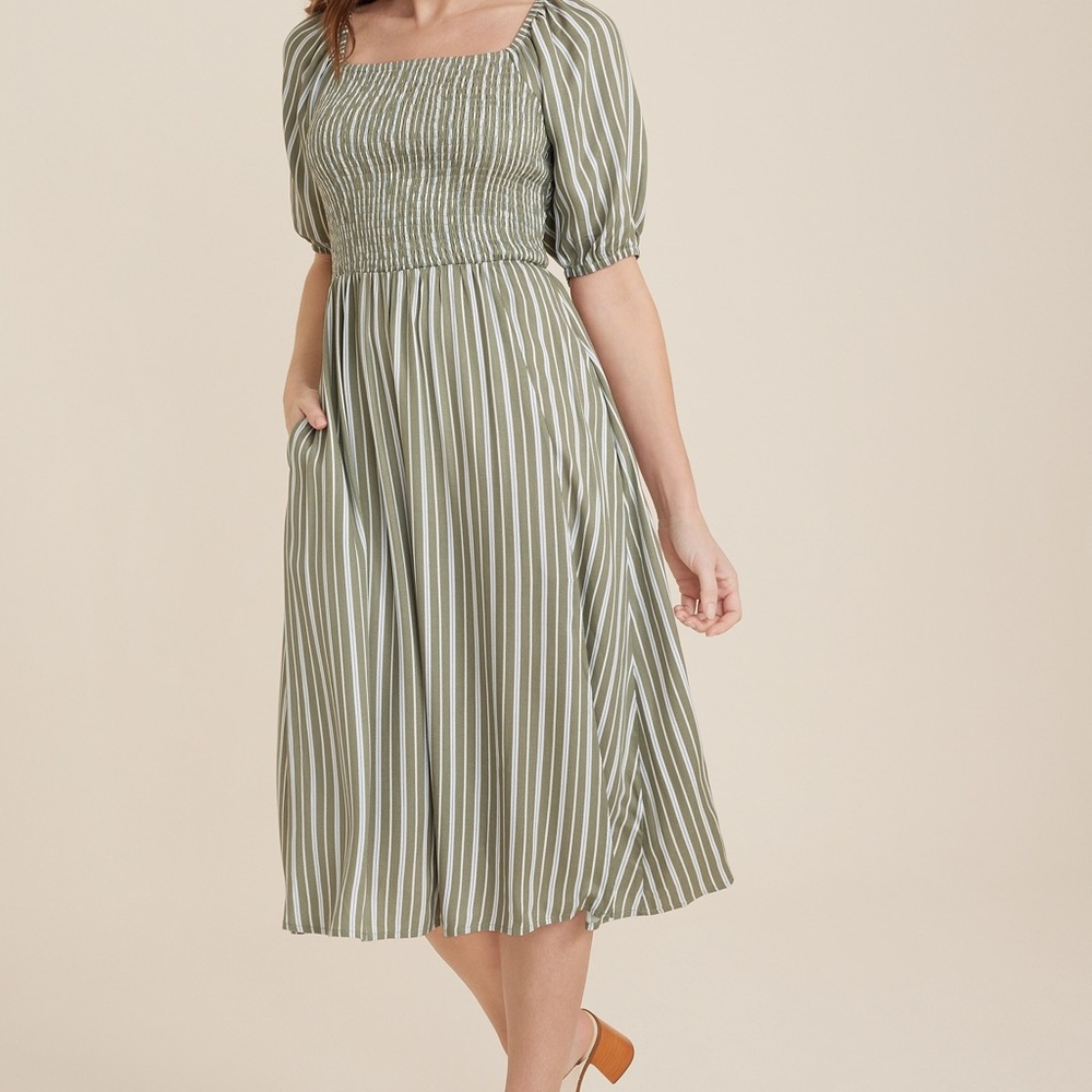 Maurices Olive Striped Smocked Puff Sleeve Midi Dress